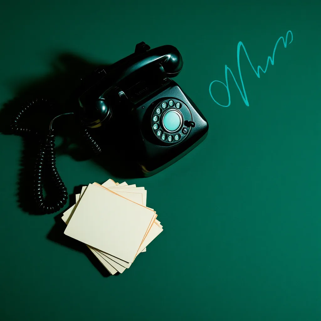 Collage of a rotary telephone, a ribbon microphone and cue-sheet cards with hand-drawn cyan waveform marks