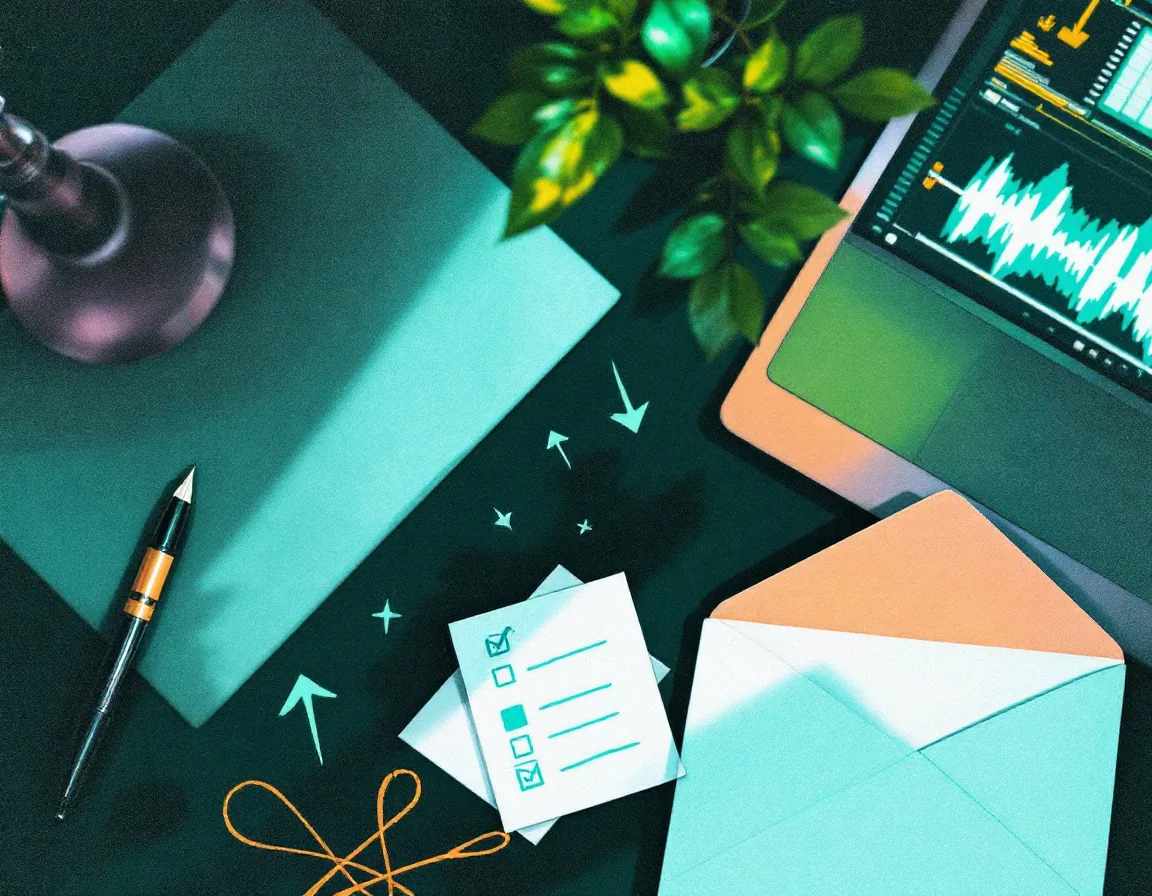 Collage of a notebook, fountain pen, laptop waveform and an envelope with hand-drawn cyan arrows