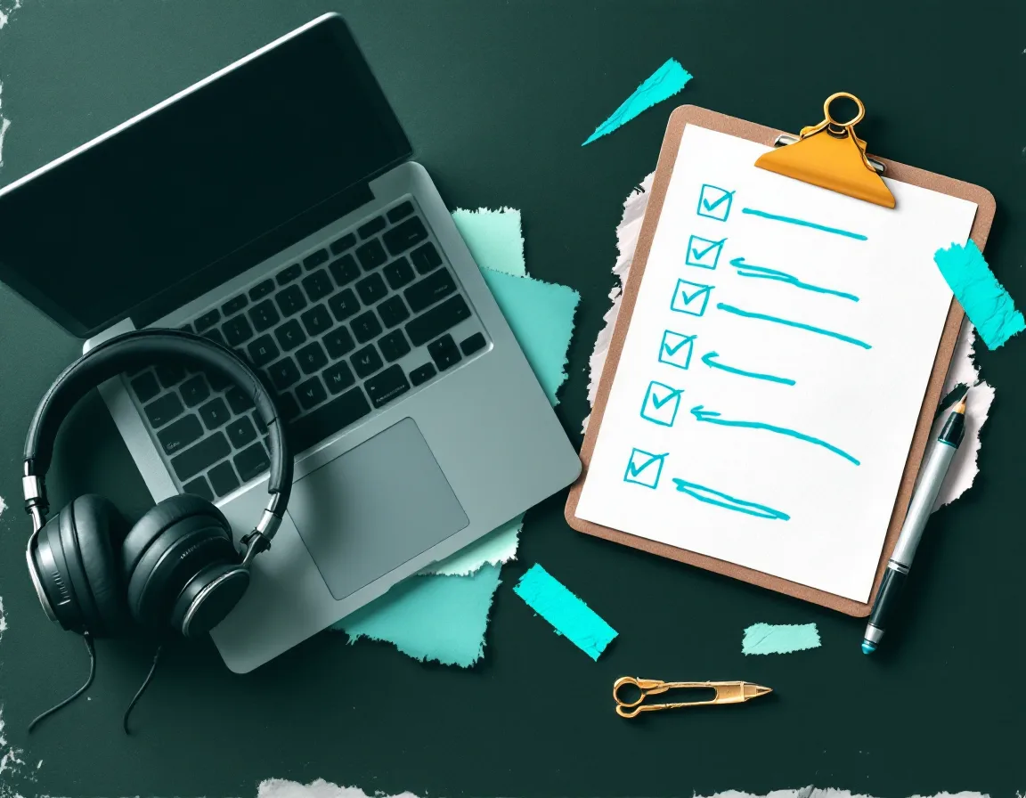 Collage of a laptop, headphones and a handwritten checklist with cyan tick marks