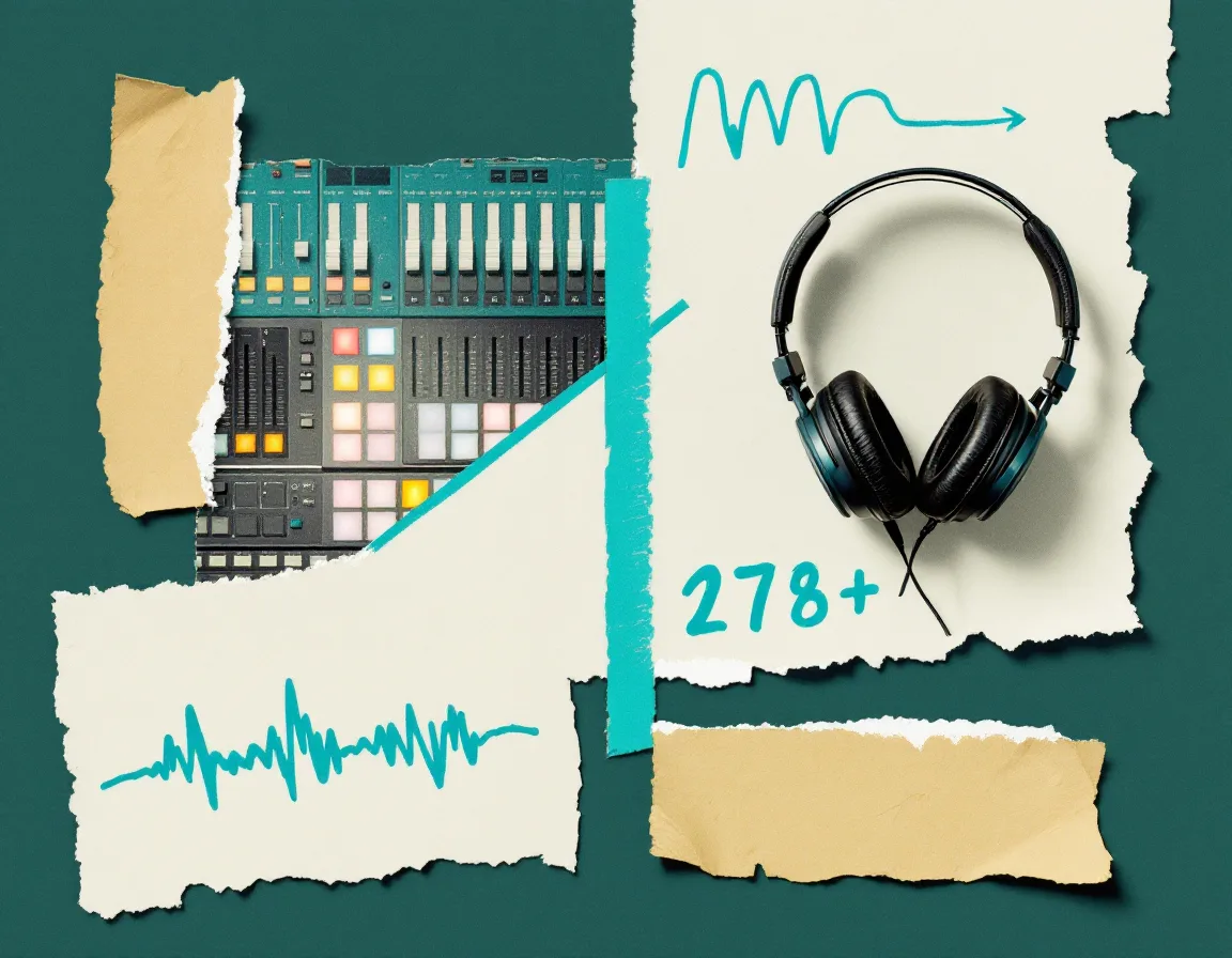 Collage of mixing console faders and a spliced strip of audio tape with hand-drawn cyan arrows
